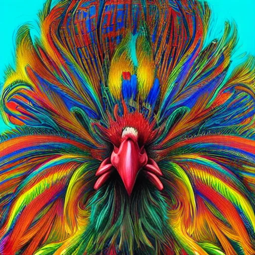 Image similar to an extremely psychedelic portrait of a rooster using a hoodie, surreal, LSD, face, detailed, intricate, elegant, lithe, highly detailed, digital painting, artstation, concept art, smooth, sharp focus, illustration, art by Jason Edmiston
