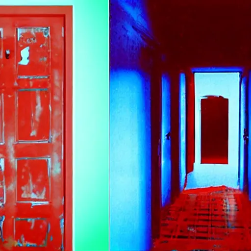 Image similar to two doors, one leads to a bathroom soaked in blue light, the other leads to a scary red hallway, vhs footage