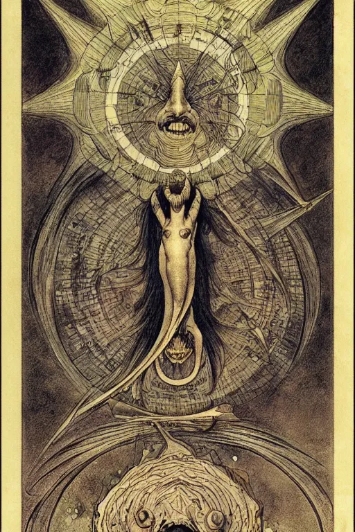 Image similar to occult diagram of happy fish in the style of wayne barlowe, gustav moreau, goward,  Gaston Bussiere and roberto ferri, santiago caruso, and austin osman spare