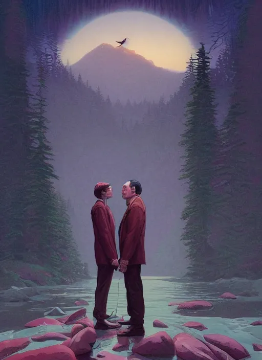 Prompt: Twin Peaks poster artwork by Michael Whelan and Tomer Hanuka, Karol Bak, Rendering of On the Wings of Love, from scene from Twin Peaks, clean, full of details, by Makoto Shinkai and thomas kinkade, Matte painting, trending on artstation and unreal engine