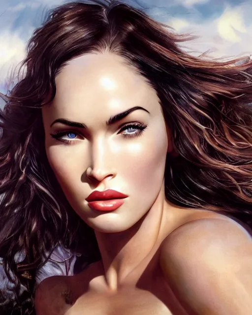 Prompt: closeup dream photo of a beautiful megan fox with long dark wind blown hair, hyper realistic, concept art, intricate, hyper detailed, smooth, ambient volumetric lighting, high contrast, vibrant, hd, octane, gil elvgren, arney freytag, alberto vargas,