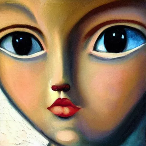 Image similar to taco girl with sad eyes. oil on canvas painting by margaret keane.