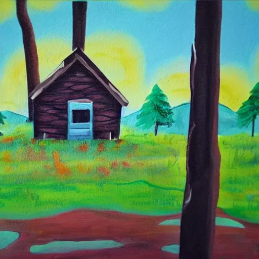 Image similar to a painting of a eerie cabin in the middle of the woods in the style of a kindergarten finger painting