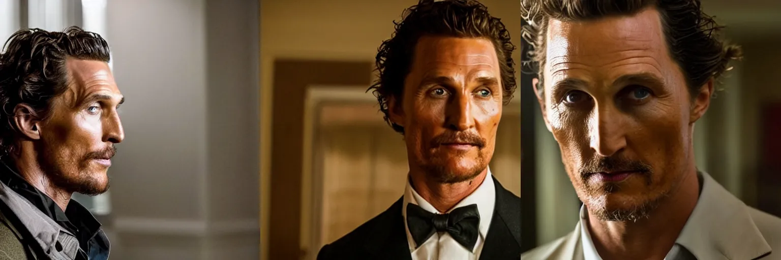 Prompt: close - up of matthew mcconaughey as a detective in a movie directed by christopher nolan, movie still frame, promotional image, imax 7 0 mm footage
