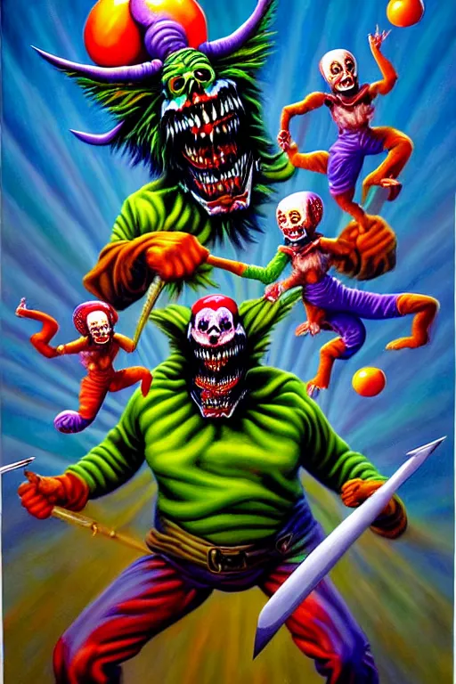 Image similar to a hyperrealistic painting of a epic boss fight against evil jester juggling knives, cinematic horror by chris cunningham, lisa frank, richard corben, highly detailed, vivid color,