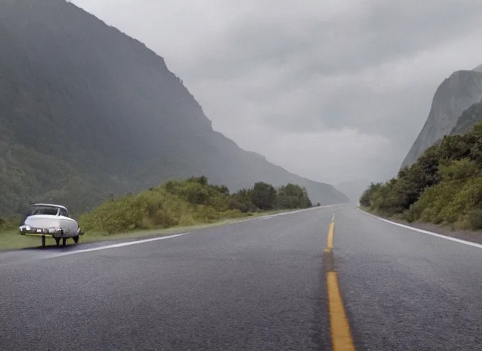 Image similar to A very high resolution image from a new movie, landscape from a car window , mountains, raining, hot, directed by wes anderson