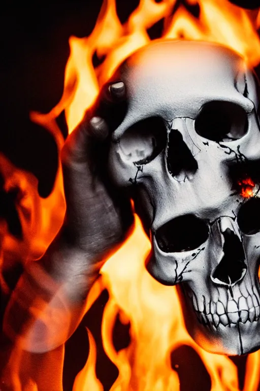 Image similar to photograph of a skull burning while being held up by a skeletal hand photorealistic, hyperdetailed, volumetric light, cinematic, f 8 aperture