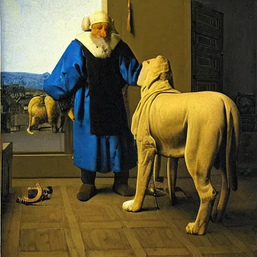 Prompt: old man ( wise long white beard wearing a hooded tunic ) riding on lions back by vermeer