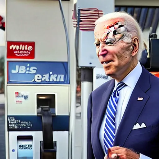 Image similar to joe biden at the gas station pumping gas into his mouth