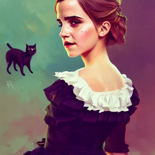 Prompt: highly detailed painting of emma watson wearing a black cat lolita maid dress, 8 k, by greg rutkowski, artgerm, loish, rhads, global illumination