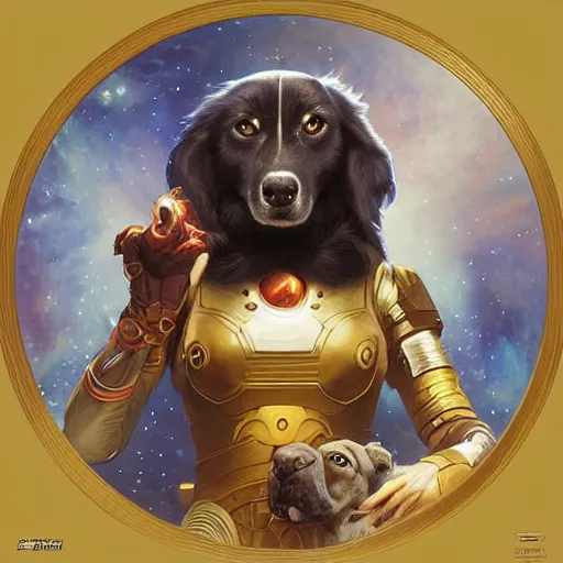 Image similar to realistic heroic picture of Laika the space dog, in a circle frame, art by Artgerm and Greg Rutkowski and Alphonse Mucha