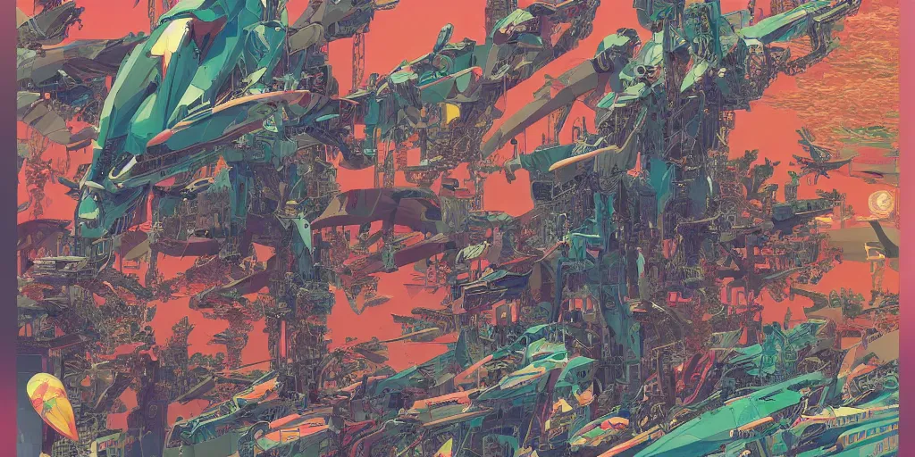 Image similar to risograph, gigantic mecha arzach birds with dragonflies, tiny rats, a lot of exotic animals around, big human faces everywhere, helicopters and tremendous birds, by satoshi kon and moebius, matte colors, surreal psychedelic design, crispy, super - detailed, a lot of tiny details, 4 k, fullshot