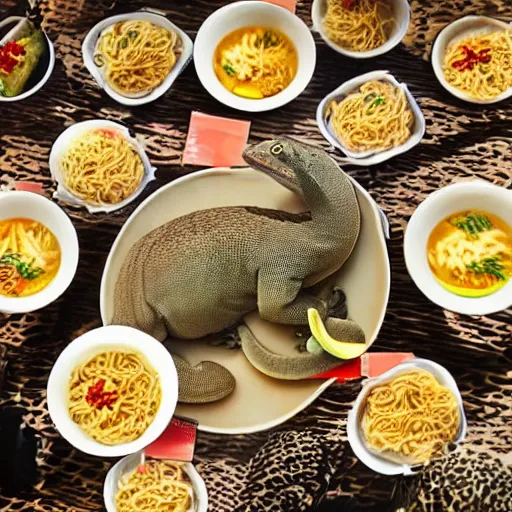 Image similar to a group of komodo dragons having a feast consisting of only indomie instant noodles on a fancy dining table, cartoon style