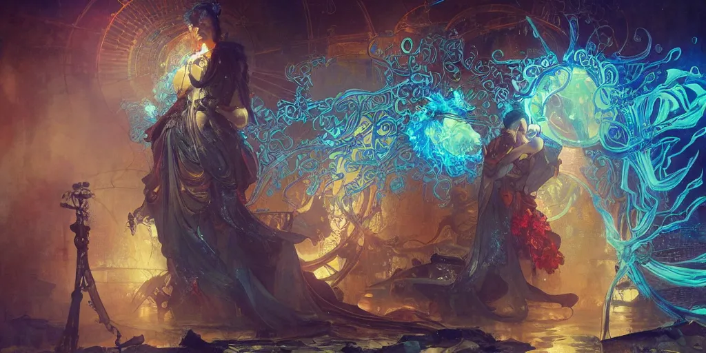 Image similar to arcs of blue flame intertwined with water, glinting particles of ice, dramatic lighting, steampunk, bright neon, holographic secret cyphers, red flowers, solar flares, intricate art by alphonse mucha and greg rutkowski