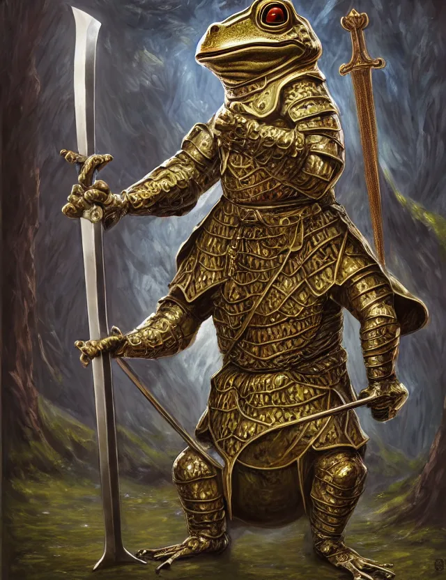 Image similar to anthropomorphic bipedal frog that is dressed as a medieval knight, and holding a colossal sword, as a matte oil painting, d & d character reveal, by alex grey, standing, fullbody, ornate, gems, ectoplasm, knickknacks, mystic, concept art, award - winning, extremely detailed, sharp focus