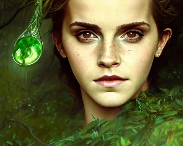 Image similar to mindblowing portrait of emma watson as a swamp witch, green colored skin, deep focus, d & d, fantasy, intricate, elegant, highly detailed, digital painting, artstation, concept art, matte, sharp, illustration, hearthstone, art by artgerm and greg rutkowski and alphonse mucha