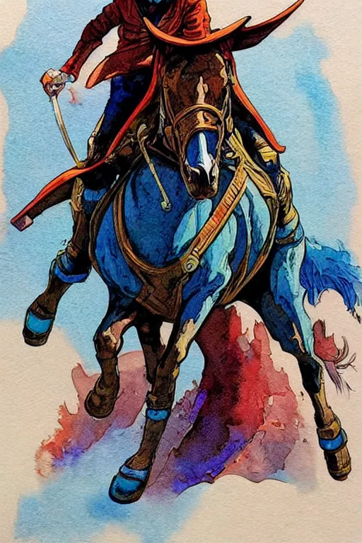 Prompt: fantasy horse rider with hood or hat, scifi, art by moebius, in watercolor gouache detailed paintings, in style of syd mead, colorful comics style, artstation