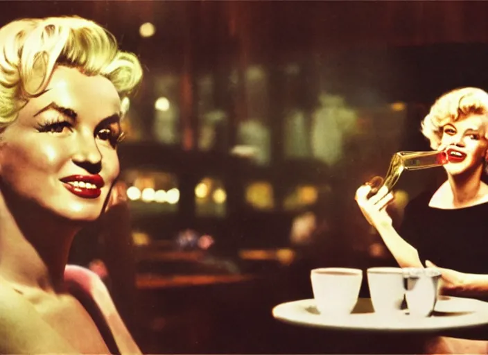 Image similar to A full-shot, color cinema film still of a marlin monroe drinking coffee at a starbucks, ambient lighting at night.