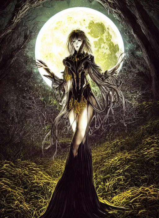 Image similar to glowing silver and golden elements, portrait, A beautiful dark witch in front of the full big moon, book cover, green forest, red white black colors, establishing shot, extremly high detail, foto realistic, cinematic lighting, pen and ink, intricate line drawings, by Yoshitaka Amano, Ruan Jia, Kentaro Miura, Artgerm, post processed, concept art, artstation, matte painting, style by eddie, raphael lacoste, alex ross