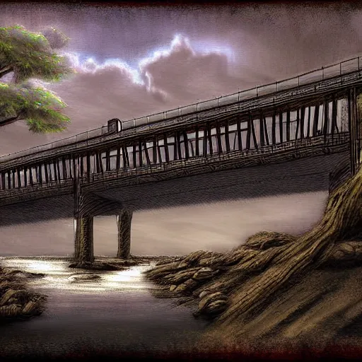 Prompt: a man stranding at a bridge highly detailed digital painting