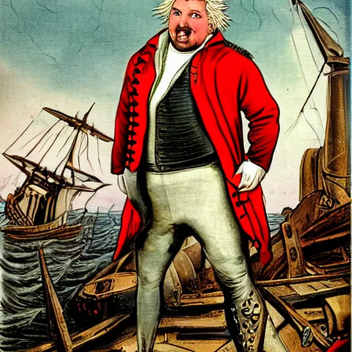 Image similar to guy fieri as a shipwreck survivor, 1 8 0 0 s color engraving by paul revere