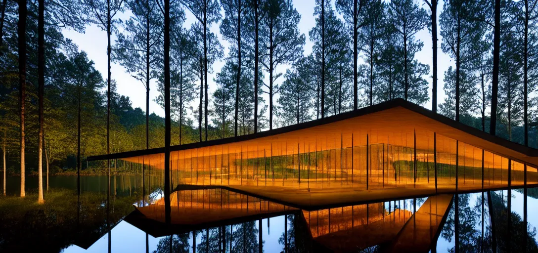 Image similar to faceted roof planes lift and descend creating shade and architectural expression, highly detailed, situated in the forest, next to a highly reflective lake, at dusk, vivid color