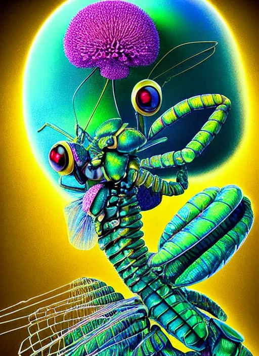 Image similar to hyper detailed 3d render like a Oil painting - kawaii portrait Aurora (gold haired Singer Praying Mantis Dragonfly faced) seen Eating of the Strangling network of yellowcake aerochrome and milky Fruit and Her compund eyes delicate Hands hold of gossamer polyp blossoms bring iridescent fungal flowers whose spores black the foolish stars by Jacek Yerka, Mariusz Lewandowski, Houdini algorithmic generative render, Abstract brush strokes, Masterpiece, Edward Hopper and James Gilleard, Zdzislaw Beksinski, Mark Ryden, Wolfgang Lettl, hints of Yayoi Kasuma, octane render, 8k