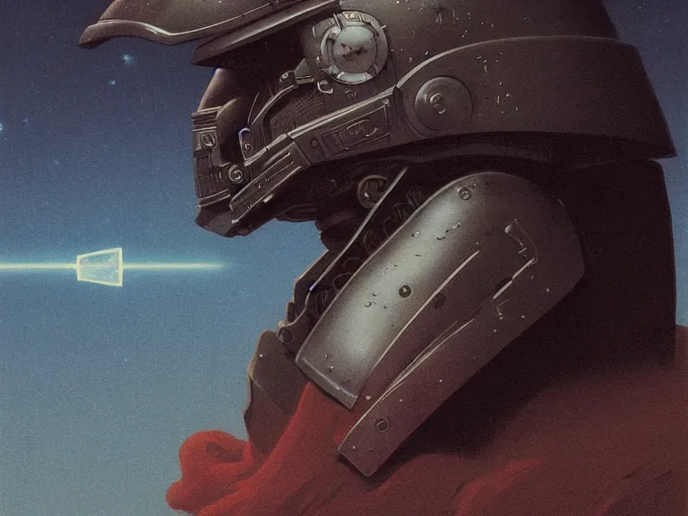 Prompt: a detailed profile portrait painting of a bounty hunter in combat armour and visor gazing into the sky. Smoke. cinematic sci-fi poster. Cloth and metal, samurai Flight suit, accurate anatomy portrait symmetrical and science fiction theme with lightning, aurora lighting clouds and stars. Clean and minimal design by beksinski carl spitzweg moebius and tuomas korpi. baroque elements. baroque element. intricate artwork by caravaggio. Oil painting. Trending on artstation. 8k