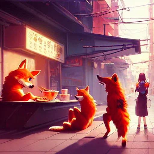 Prompt: splash art of cute female anthropomorphic vulpes vulpes fulva eating ramen noodles by a stand in the crowded street of a cyberpunk city : by weta, greg rutkowski, wlop, ilya kuvshinov, rossdraws, artgerm, octane render, liosh, mucha