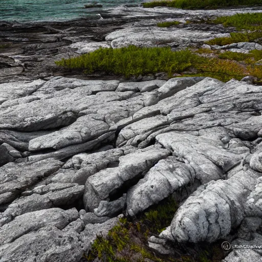 Image similar to rocky shore of the Bruce Peninsula on an overcast day, rain droplets falling in the water, 8k photo