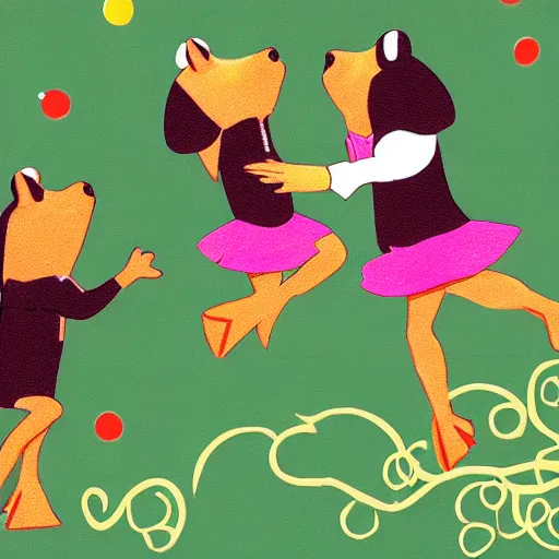 Image similar to two frogs dancing with a pig underneath of a Christmas tree