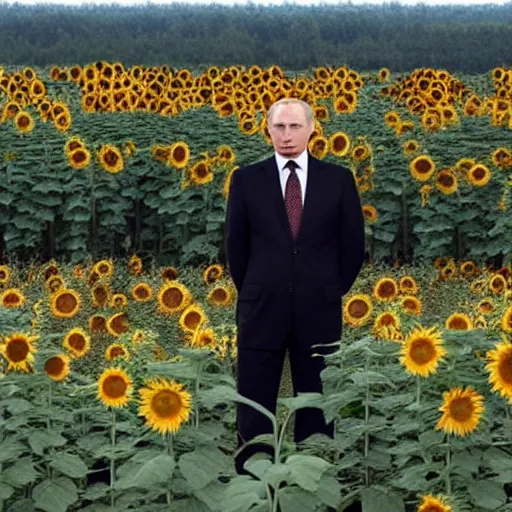 Prompt: Putin standing among a burning field of sunflowers,