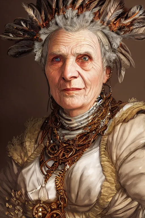 Prompt: portrait, headshot, digital painting, of a old 17th century, old lady cyborg merchant, amber jewels, clorful feathers, baroque, ornate clothing, scifi, futuristic, realistic, hyperdetailed, chiaroscuro, concept art, art by Waterhouse