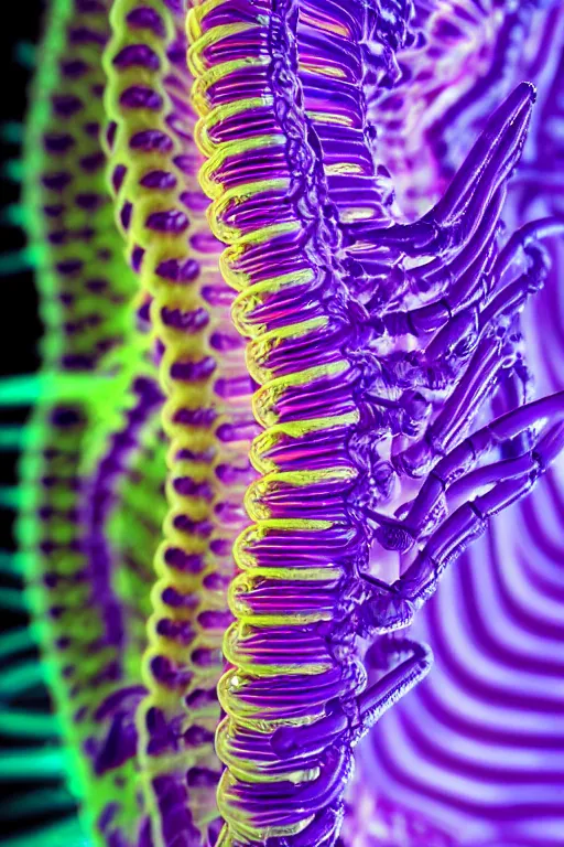 Image similar to high quality close-up photo translucent biomechanic centipede! gorgeous highly detailed hannah yata elson peter cinematic yellow and purple lighting high quality low angle hd 8k sharp shallow depth of field