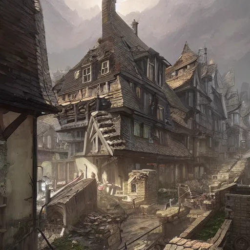 Image similar to buildings had built from stone blocks, with tile roofs, and simple, peaked wooden roofs. the structures were packed closely together, making them seem squat. the tenements and shops were uniform in appearance ; by greg rutkowski, james jean, peter mohrbacher