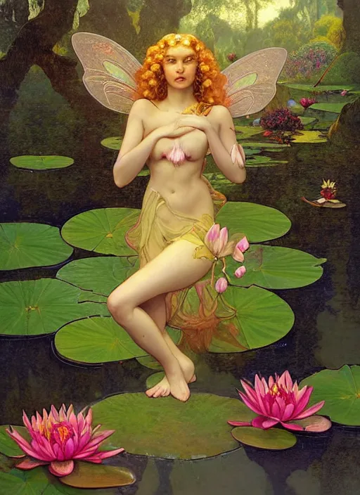 Prompt: portrait of a beautiful fairy, by a waterlily pond, coherent design, symmetrical, vivid color, complementary color, golden ratio, detailed, sharp lines, intricate, rainbowshift, by maxfield parrish, by peter mohrbacher, by karol bak, by alphonse mucha, deviantart, octane render