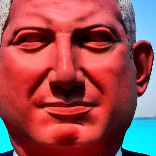 Prompt: a giant benjamin netanyahu head, sculpture made out of juicy and transparent red jelly in the sea, long shot, hyper detailed, hyper realistic, ray tracing, 8 k resolution, sharp focus, realistic water, award winning