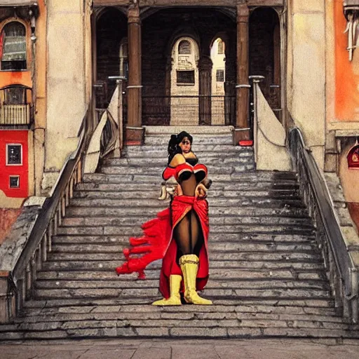 Image similar to a portrait obese indian woman dressed as wonder woman on steps in Porto, detailed, art station, greg rutkowski