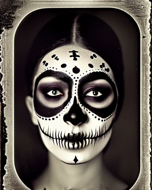 Image similar to tintype veiled woman dressed in dia de muertos makeup high quality photo, microchip, artificial intelligence, bio - mechanical bio - luminescence, black wired cables, neurons, nerve cells, cinematic, rim light, photo - realistic, high detail, 8 k, masterpiece, high fashion, in the style of steven meisel dora maar h. g. giger