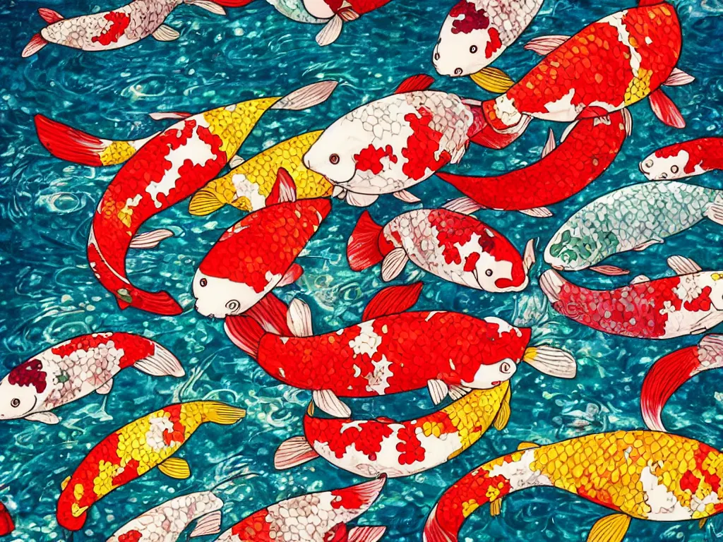 Prompt: colorful koi carp in a waterly pond, illustration, concept art, colorful, beautiful, studio ghibli, takashi murakami, aoshima chiho, manga, cute and adorable