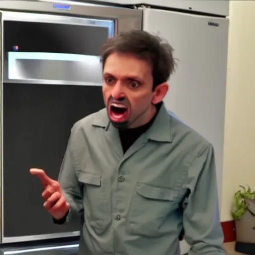 Image similar to photo still from a vlog, a scientist wearing a velociraptor costume, complaining about his samsung refrigerator