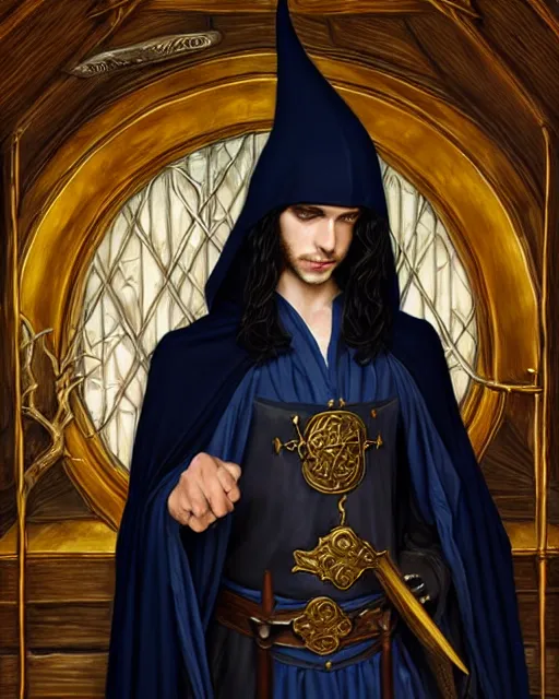 Image similar to handsome young male wizard in a tavern, long black hair blue eyes wearing cloth mantle gothic navy cloak with gold details, tree town, fantasy character portrait, ultra realistic, intricate, elegant, cinematic lighting, highly detailed, digital painting, artstation, smooth, sharp, focus, illustration, art by artgerm and greg rutkowski and alphonse mucha