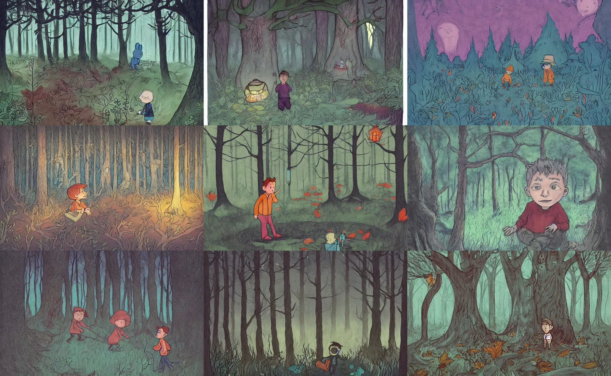 Prompt: children book illustration of boy in haunted forest, by beatrice blue, by julia sarda, by loish, by szymon biernacki. guache, crayons, pastels. dark. low saturation. stylized. cutout. cute. behance. intricate. detailed, flat, textured, orthoview.