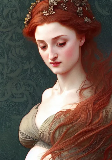 Image similar to pregnant sansa, intricate, elegant, highly detailed, digital painting, artstation, concept art, smooth, sharp focus, illustration, art by artgerm and greg rutkowski and alphonse mucha and william - adolphe bouguereau