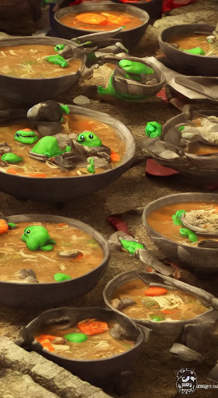 Image similar to little ninja turtles in soup in a chinese restaurant, a chinese man eats this soup, super realistic, super detailed, high octane, photorealistic, rendering 8 k, 8 k octane, unreal engine