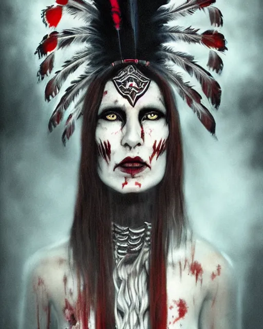 Image similar to lady native sisters ghost - spirit of the grim - warpaint wears the scarlet skull armor and native blood headdress feathers, midnight fog - mist!, dark oil painting colors, realism, cinematic lighting, various refining methods, micro macro autofocus, ultra definition, award winning photo, photograph by ghostwave - gammell - giger - shadowlord