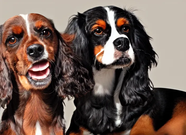 Prompt: photo realistic picture 5 0 mm of a black king charles cavalier sitting next to a brown dash hound, they are both looking at each other lovingly