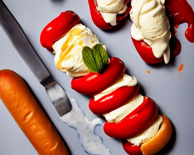 Image similar to dslr food photograph of vanilla ice cream with ketchup on, and slices of hotdog, 8 5 mm f 1. 4