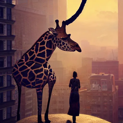 Prompt: a full body painting of a [ strong giraffe standing on rooftop ] ( person ), intricate, epic lighting, cinematic composition, hyper realistic, 8 k resolution, unreal engine 5, by artgerm, tooth wu, dan mumford, beeple, wlop, rossdraws, james jean, andrei riabovitchev, marc simonetti, artstation
