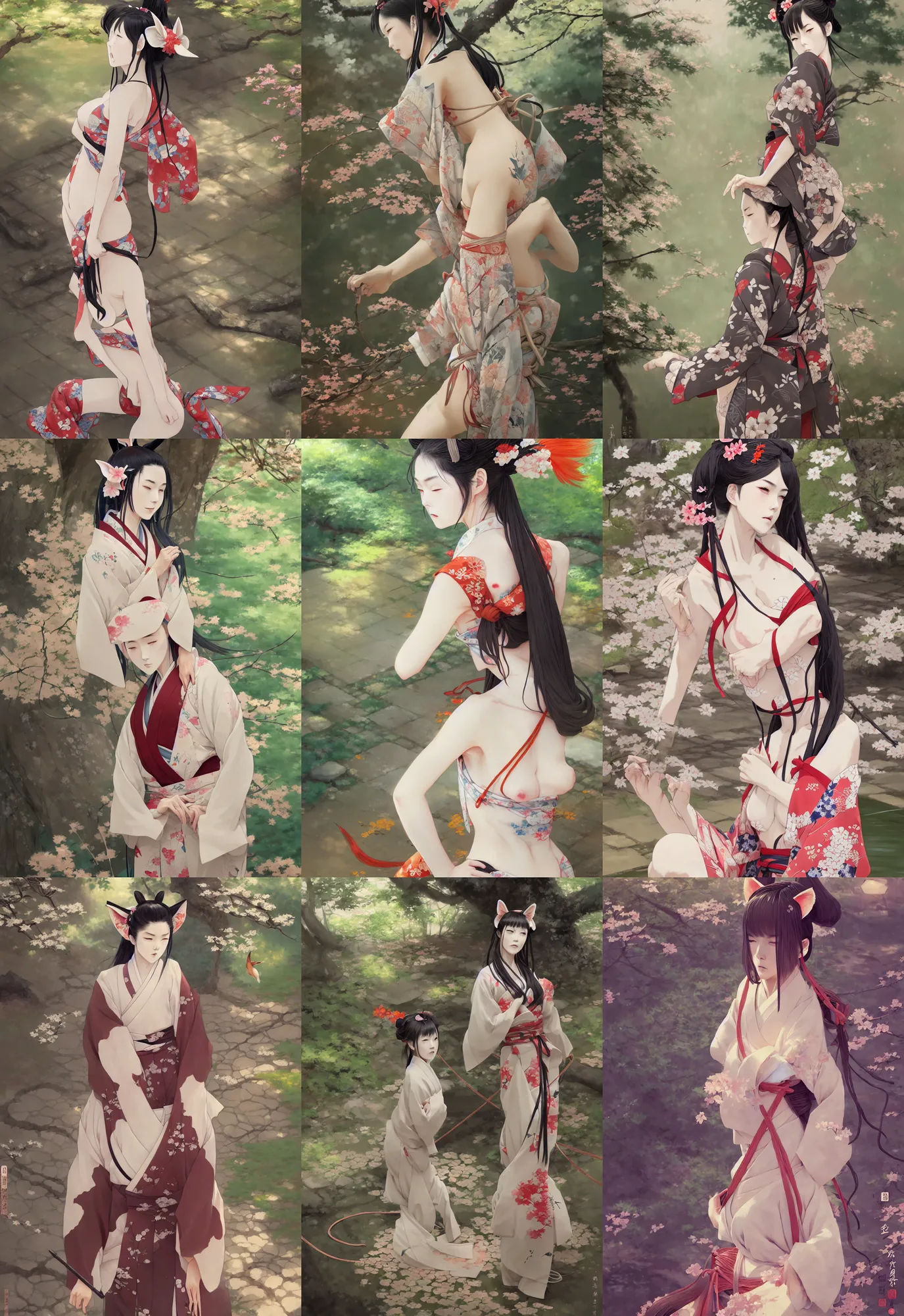 Prompt: a detailed digital painting of a tied up kimono girl with fox ears and tail, in japanese garden, hourglass slim figure, au naturel, intricate complexity, concept art, by wlop, krenz cushart, kyoto animation. cinematic dramatic atmosphere, sharp focus